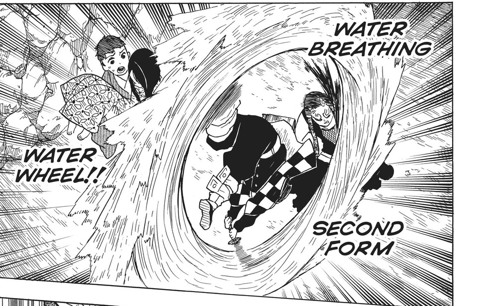Tanjiro Kamado performing Water Breathing Second Form: Water Wheel, Kimetsu no Yaiba Vol. 2