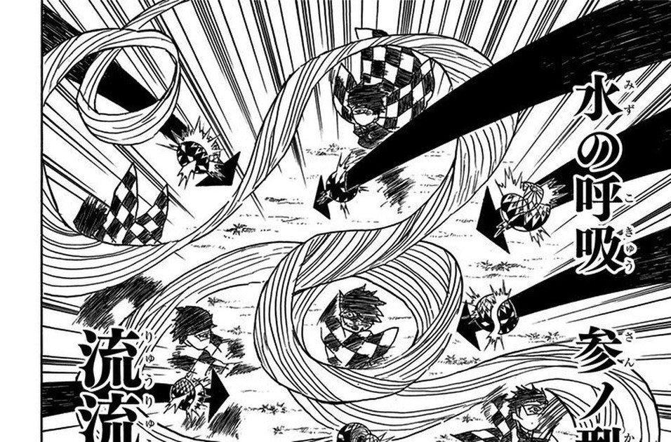 Tanjiro Kamado performing Water Breathing Third Form: Flowing Dance, Kimetsu no Yaiba Vol. 2