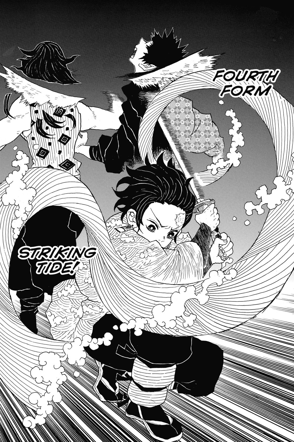 Tanjiro Kamado performing Water Breathing Fourth Form: Striking Tide during Final Selection, Kimetsu no Yaiba Vol. 1