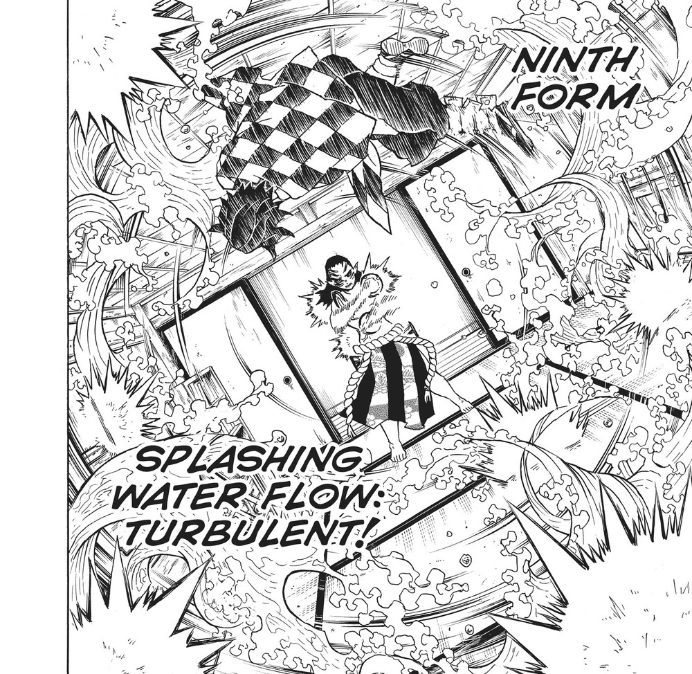 Tanjiro Kamado performing Water Breathing Ninth Form: Splashing Water Flow: Turbulent, Kimetsu no Yaiba Vol. 3
