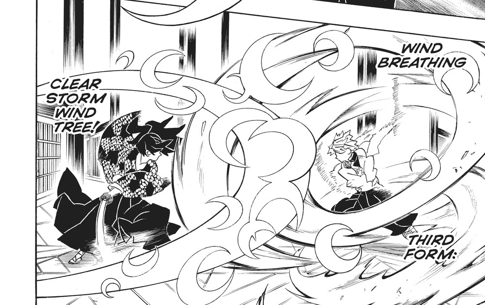 Sanemi Shinazugawa performs Wind Breathing Third Form: Clear Storm Wind Tree, Kimetsu no Yaiba Vol. 19