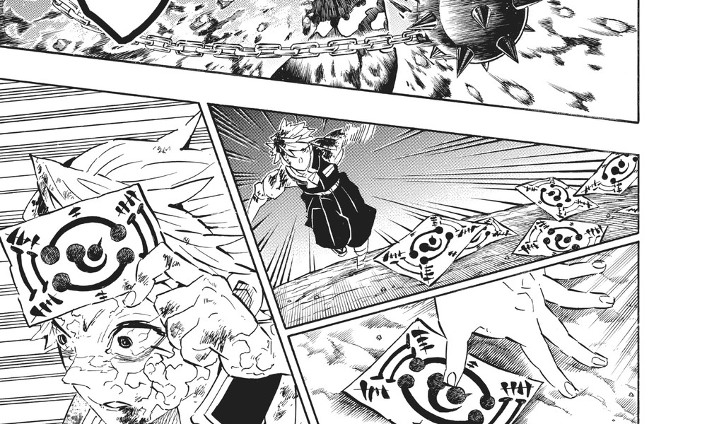 Sanemi Shinazugawa performs Wind Breathing Seventh Form: Gale – Sudden Gusts, Kimetsu no Yaiba Vol. 22