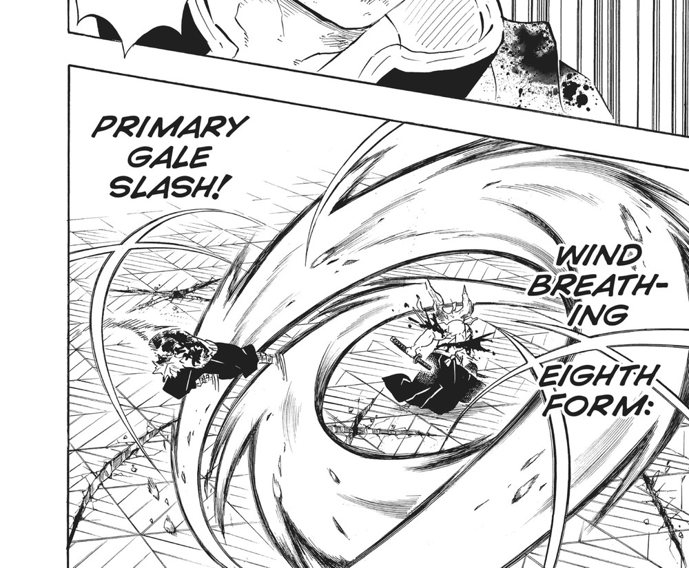 Sanemi Shinazugawa performs Wind Breathing Eighth Form: Primary Gale Slash, Kimetsu no Yaiba Vol. 20