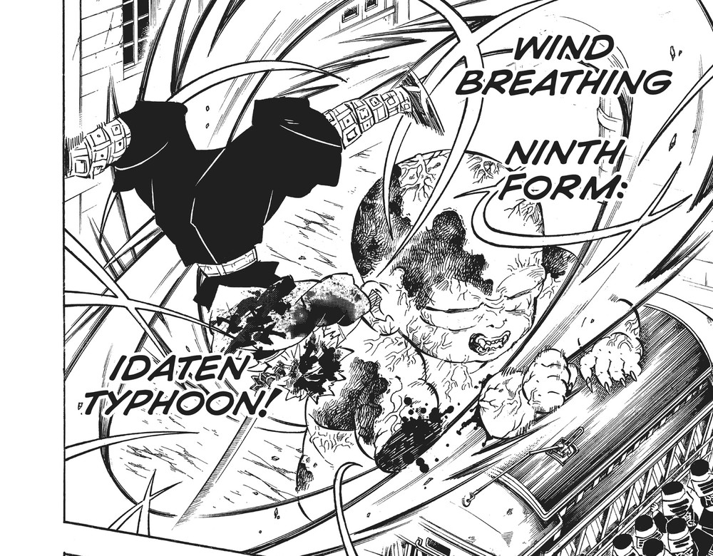 Sanemi Shinazugawa performs Wind Breathing Ninth Form: Idaten Typhoon, Kimetsu no Yaiba Vol. 23