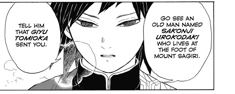 Demon Slayer: Kimetsu no Yaiba Vol. 1 (VIZ Media), p.57 — the same panel: "TELL HIM THAT GIYU TOMIOKA SENT YOU."