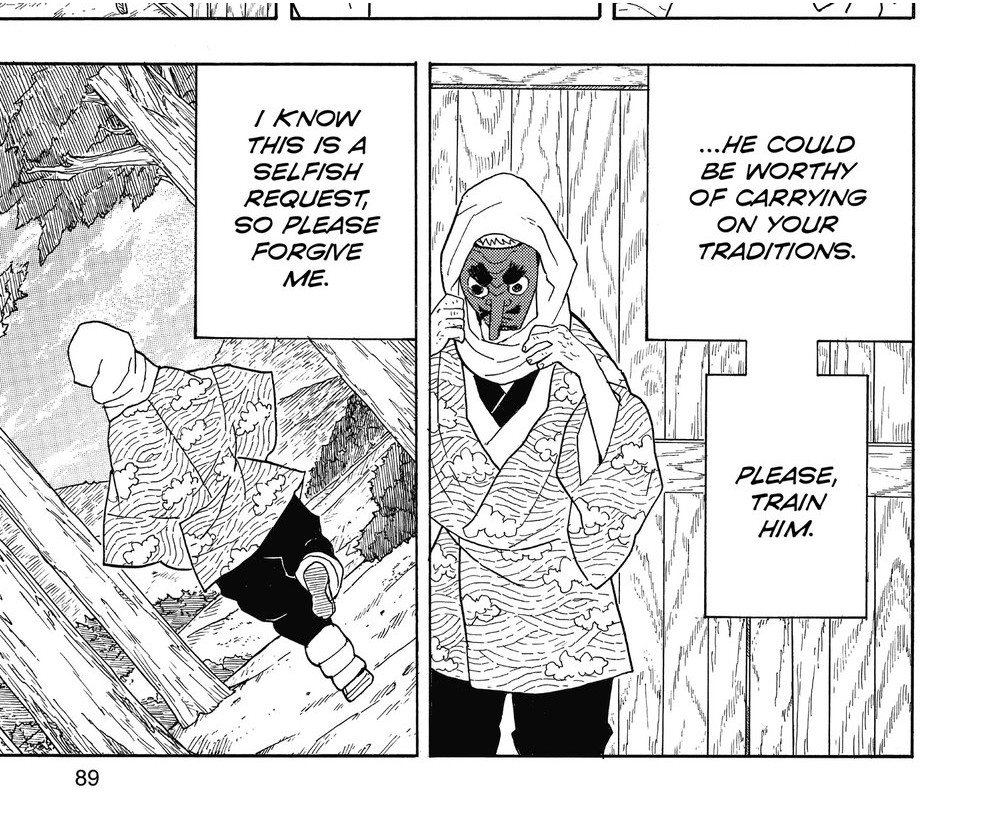 Demon Slayer: Kimetsu no Yaiba Vol. 1 (VIZ Media), p.89 — the same two panels: "I KNOW THIS IS A SELFISH REQUEST, SO PLEASE FORGIVE ME." beside Urokodaki adjusting his scarf as the message concludes, "...HE COULD BE WORTHY OF CARRYING ON YOUR TRADITIONS. PLEASE, TRAIN HIM."