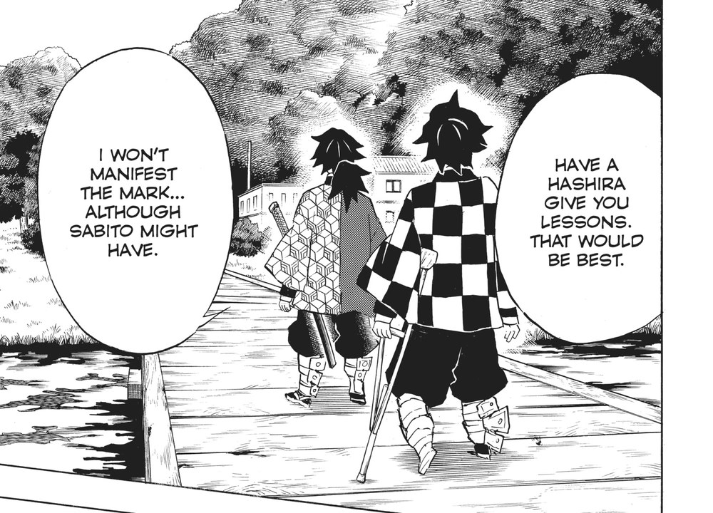 Demon Slayer: Kimetsu no Yaiba Vol. 15 (VIZ Media), p.127 — the same panel: "I WON'T MANIFEST THE MARK... ALTHOUGH SABITO MIGHT HAVE."