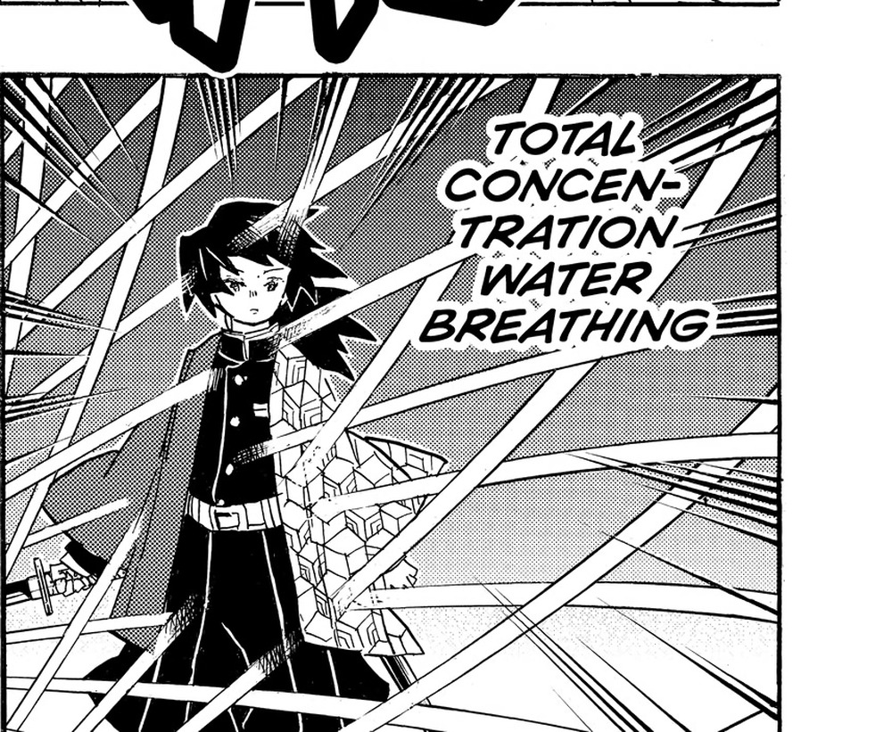 Demon Slayer: Kimetsu no Yaiba Vol. 5 (VIZ Media), p.161 — the same panel, Giyu Tomioka: "TOTAL CONCENTRATION WATER BREATHING" (note: this stretch of VIZ Vol. 5 runs one page ahead of the Japanese edition — JP p.160 = VIZ p.161).