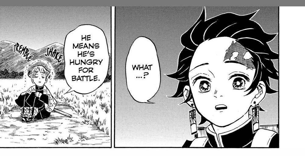 Demon Slayer: Kimetsu no Yaiba Vol. 4 (VIZ Media), p.57 — the same two panels: Tanjiro's "WHAT ...?" beside trembling Zenitsu and the bubble "HE MEANS HE'S HUNGRY FOR BATTLE."
