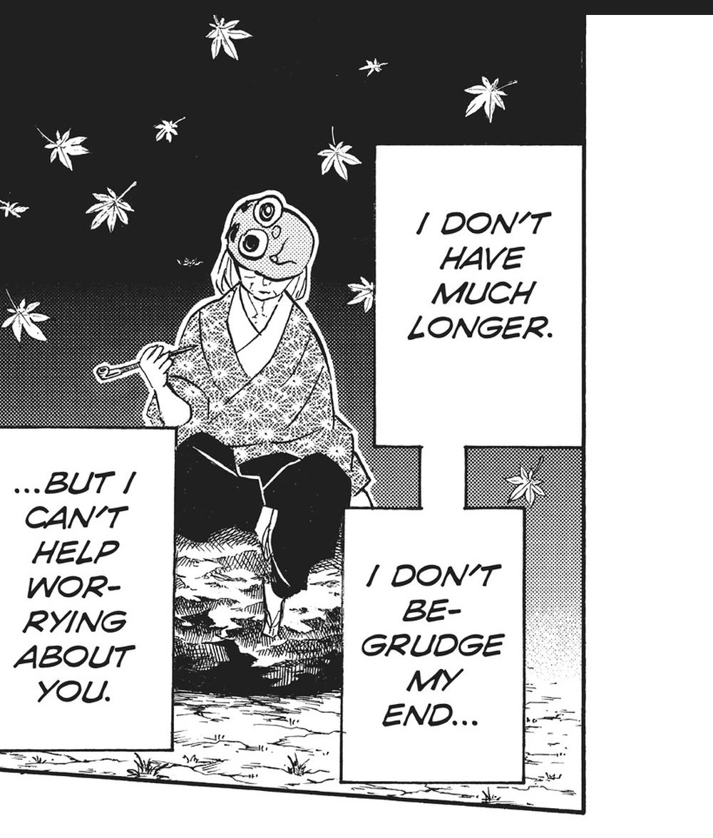 Demon Slayer: Kimetsu no Yaiba Vol. 14 (VIZ Media), p.81 — the same panel: "I DON'T HAVE MUCH LONGER." / "...BUT I CAN'T HELP WORRYING ABOUT YOU." / "I DON'T BEGRUDGE MY END..."
