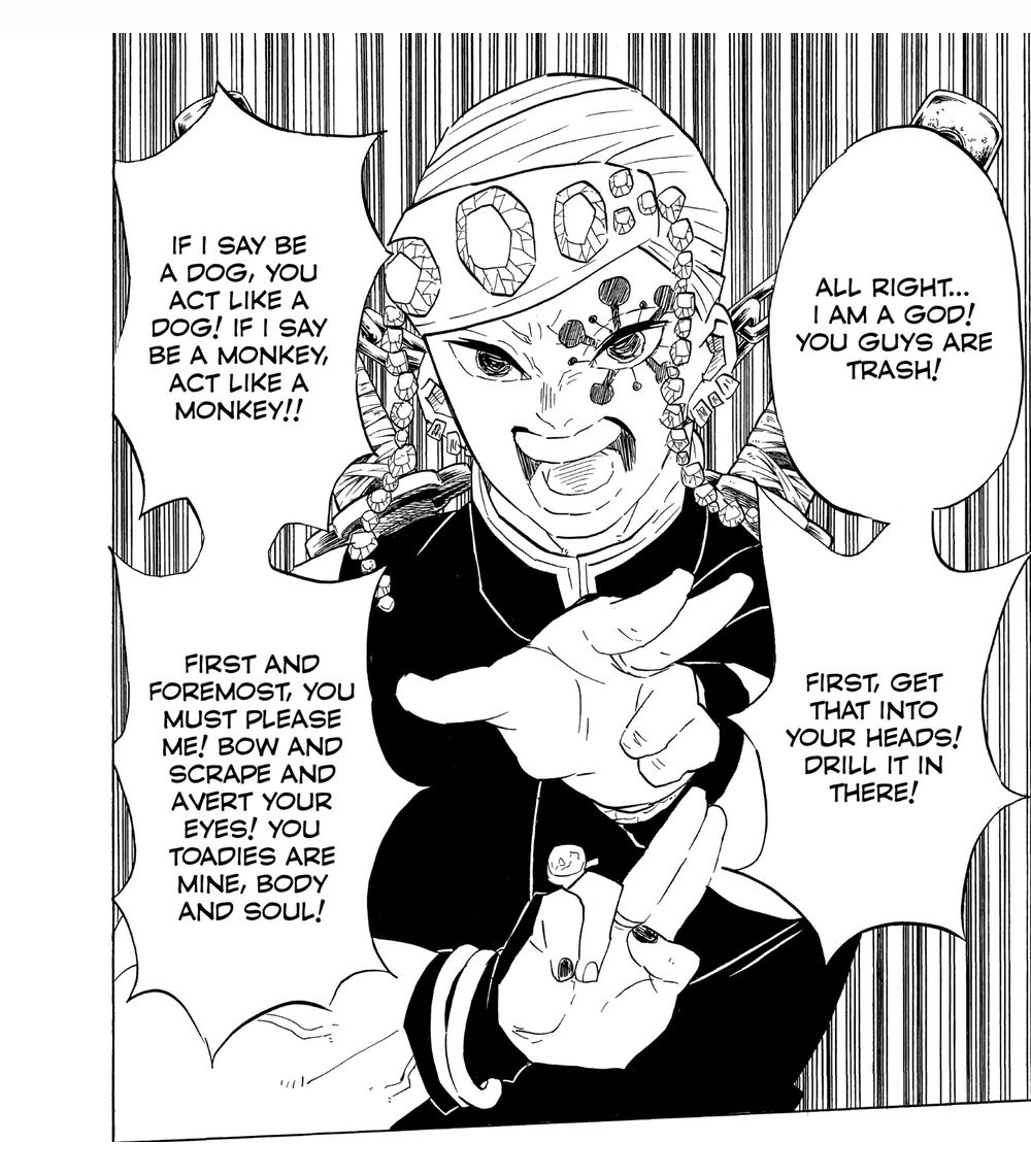 Demon Slayer: Kimetsu no Yaiba Vol. 9 (VIZ Media), p.8 — the same panel: "YOU TOADIES ARE MINE, BODY AND SOUL!"