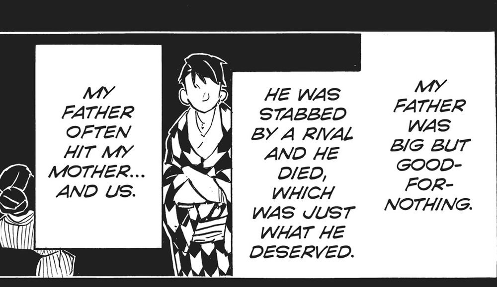 Demon Slayer: Kimetsu no Yaiba Vol. 13 (VIZ Media), p.173 — the same panel: "MY FATHER WAS BIG BUT GOOD-FOR-NOTHING."
