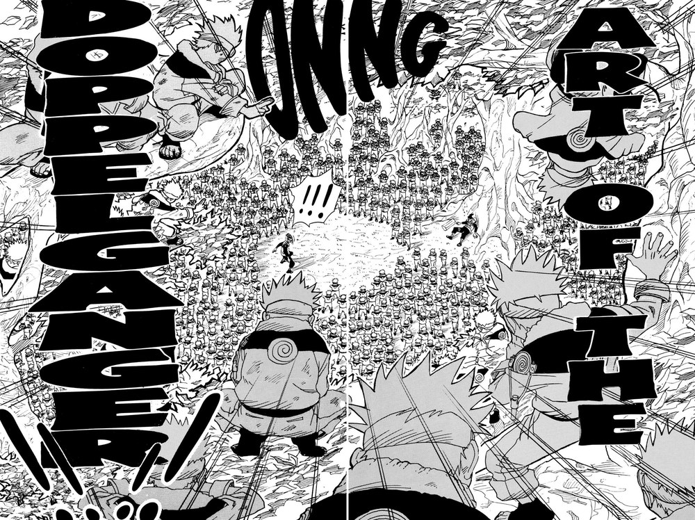 Naruto Vol. 1 (VIZ Media), p.54-55 — the same panel: "ART OF THE DOPPELGANGER!"