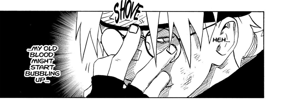 Naruto Vol. 8 (VIZ Media), p.51 — the same panel: "...MY OLD BLOOD MIGHT START BUBBLING UP..." as Kabuto pushes up his glasses, alone, with a SHOVE sound effect overhead.