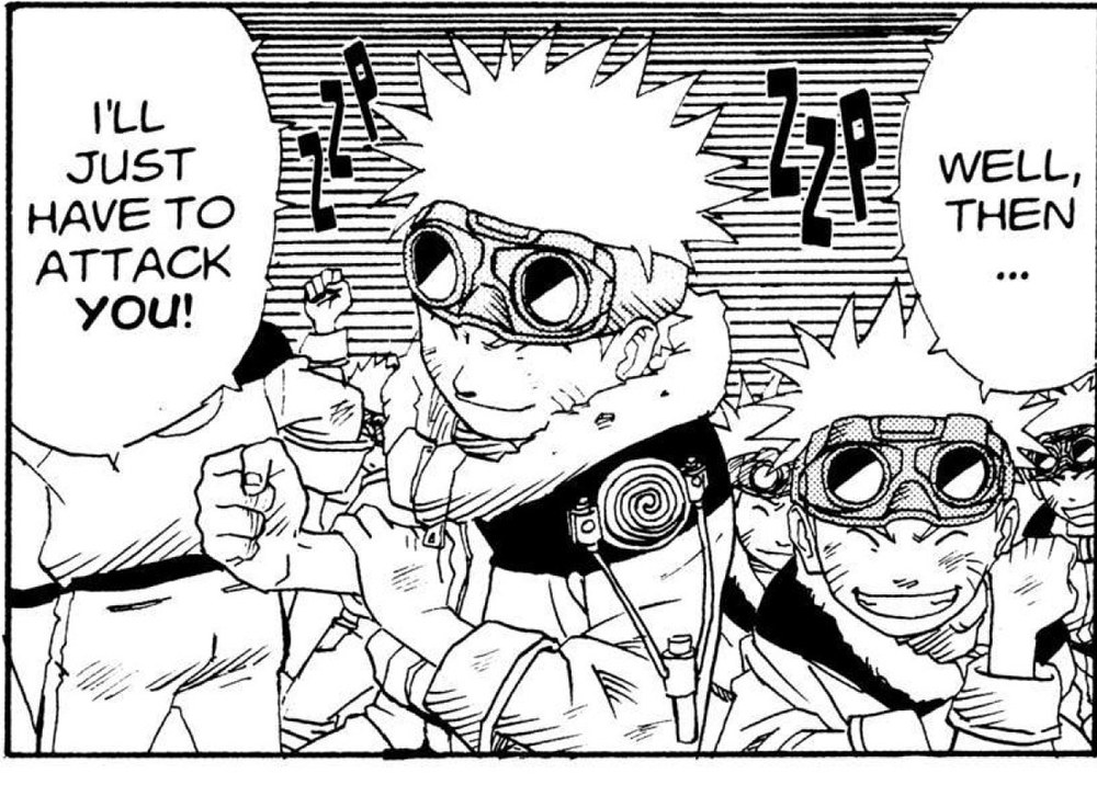 Naruto Vol. 1 (VIZ Media), p.56 — the same panel: "WELL, THEN... I'LL JUST HAVE TO ATTACK YOU!"