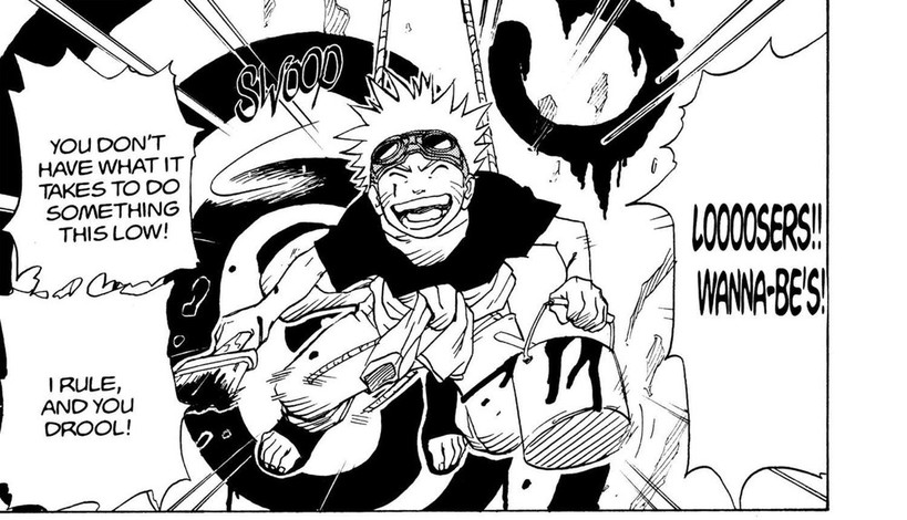 Naruto Vol. 1 (VIZ Media), p.11 — the same panel: "LOOOOSERS!! WANNA-BE'S!"