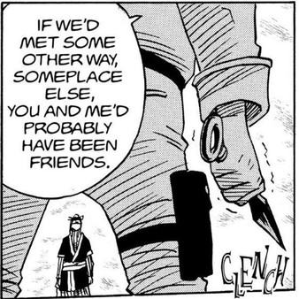 Naruto Vol. 4 (VIZ Media), p.55 — the same panel: "IF WE'D MET SOME OTHER WAY, SOMEPLACE ELSE, YOU AND ME'D PROBABLY HAVE BEEN FRIENDS."