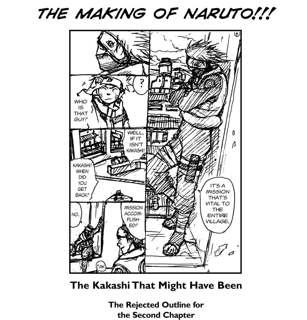 Naruto Vol. 1 (VIZ Media), p.128 — the same omake: "THE MAKING OF NARUTO!!!", the mock panel with Alternate-Kakashi's line "IT'S A MISSION THAT'S VITAL TO THE ENTIRE VILLAGE.", captioned "The Kakashi That Might Have Been."