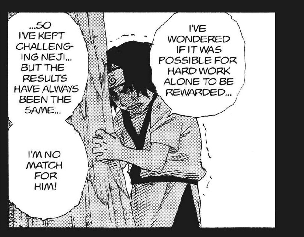 Naruto Vol. 10 (VIZ Media), p.59 — the same panel: "...SO I'VE KEPT CHALLENGING NEJI... BUT THE RESULTS HAVE ALWAYS BEEN THE SAME... I'M NO MATCH FOR HIM!"