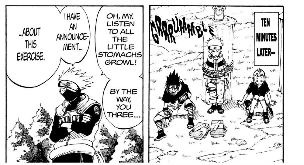 Naruto Vol. 1 (VIZ Media), p.185 — the same beat: "OH, MY. LISTEN TO ALL THE LITTLE STOMACHS GROWL!" as a GRRRUMBLE sound effect rattles over the three genin.