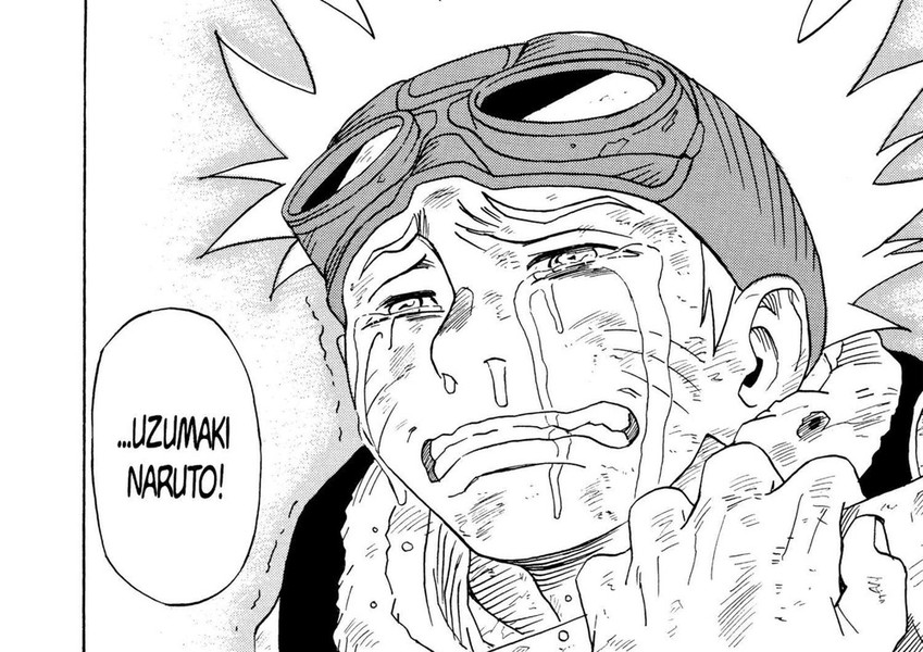 Naruto Vol. 1 (VIZ Media), p.50 — the same panel: "...UZUMAKI NARUTO!" — spoken by Iruka to Mizuki, defending Naruto, who overhears it hidden behind a tree; the crop pictures Naruto's reaction, not his own words