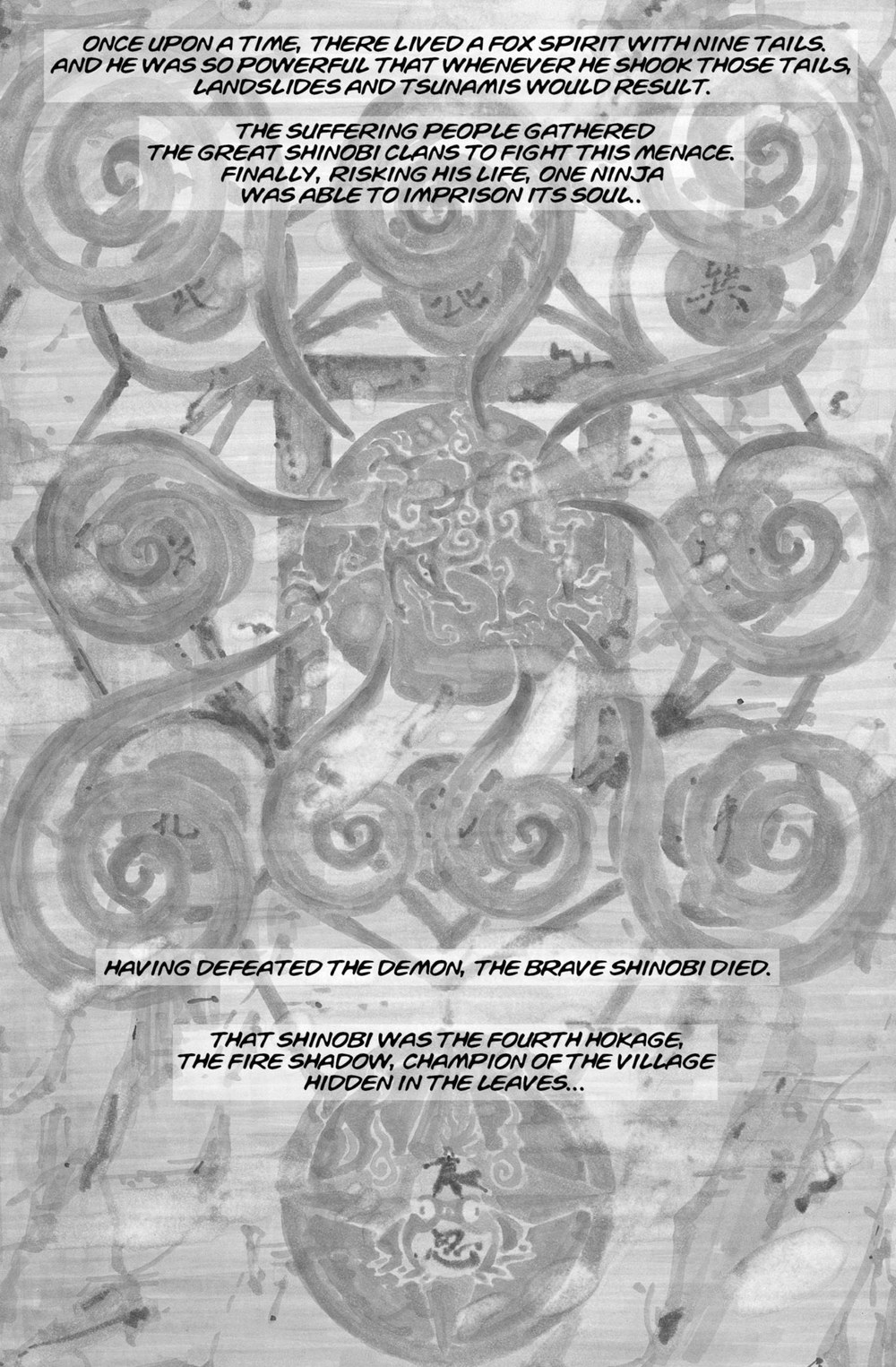 VIZ's chapter 1 prologue splash, ending 'THAT SHINOBI WAS THE FOURTH HOKAGE, THE FIRE SHADOW, CHAMPION OF THE VILLAGE HIDDEN IN THE LEAVES...'