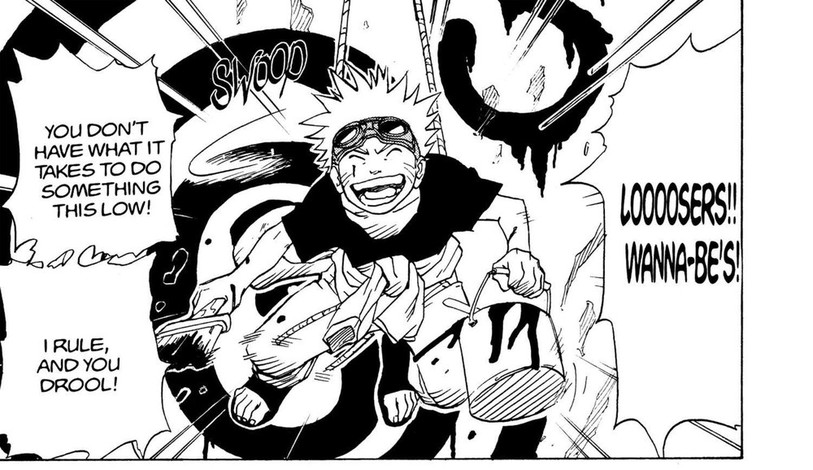 Naruto Vol. 1 (VIZ Media), p.11 — the same panel: "I RULE, AND YOU DROOL!"