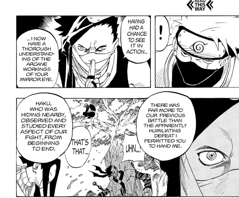 Naruto Vol. 3 (VIZ Media), p.174 — the same panels: "HAKU, WHO WAS HIDING NEARBY, OBSERVED AND STUDIED EVERY ASPECT OF OUR FIGHT, FROM BEGINNING TO END."