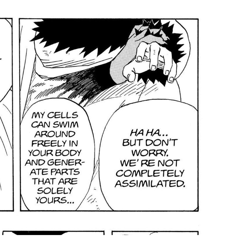 Naruto Vol. 23 (VIZ Media), p.103 — the same panel: "MY CELLS CAN SWIM AROUND FREELY IN YOUR BODY AND GENERATE PARTS THAT ARE SOLELY YOURS..." / "HA HA... BUT DON'T WORRY. WE'RE NOT COMPLETELY ASSIMILATED."
