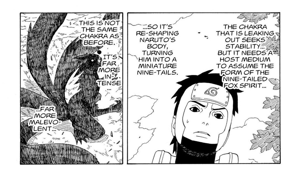 Naruto Vol. 33 (VIZ Media), p.101 — the same two panels: "THIS IS NOT THE SAME CHAKRA AS BEFORE. IT'S FAR MORE INTENSE... ...FAR MORE MALEVOLENT..."