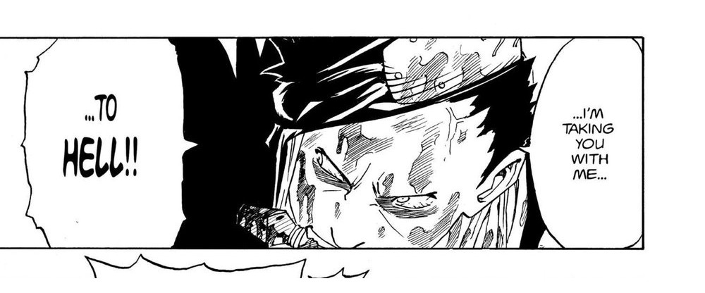 Naruto Vol. 4 (VIZ Media), p.99 — the same panel: "...I'M TAKING YOU WITH ME... ...TO HELL!!"