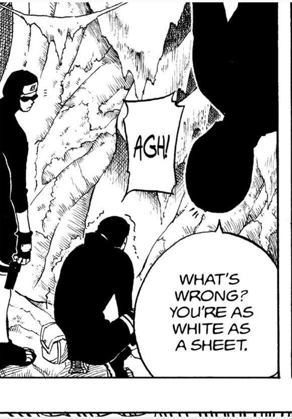 Naruto Vol. 6 (VIZ Media), p.9 — the same panel: "WHAT'S WRONG? YOU'RE AS WHITE AS A SHEET."