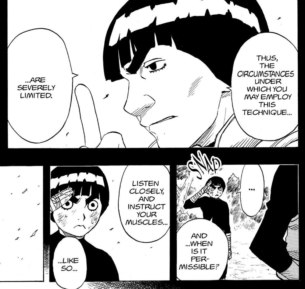 Naruto Vol. 6 (VIZ Media), p.139 — the same panels: "...ARE SEVERELY LIMITED." / "LISTEN CLOSELY, AND INSTRUCT YOUR MUSCLES..."