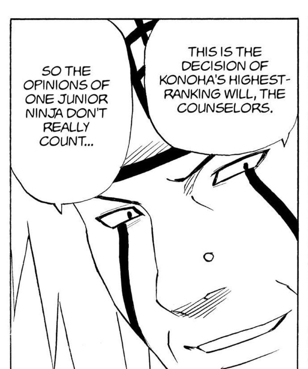 Naruto Vol. 18 (VIZ Media), p.90 — the same panel: "SO THE OPINIONS OF ONE JUNIOR NINJA DON'T REALLY COUNT..." / "THIS IS THE DECISION OF KONOHA'S HIGHEST-RANKING WILL, THE COUNSELORS."