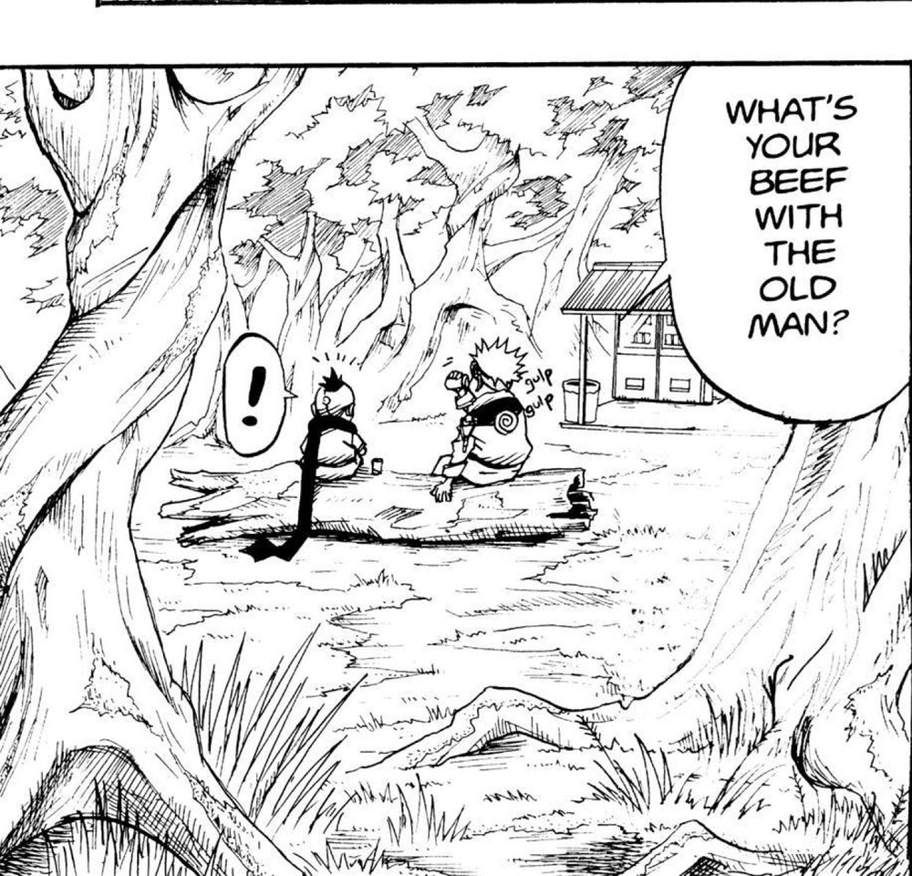 Naruto Vol. 1 (VIZ Media), p.69 — the same panel: "WHAT'S YOUR BEEF WITH THE OLD MAN?"