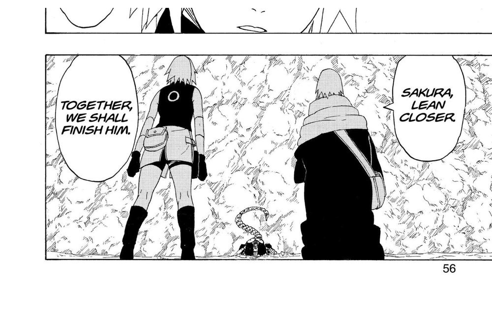 Naruto Vol. 30 (VIZ Media), p.56 — the same panel: "TOGETHER, WE SHALL FINISH HIM." / "SAKURA, LEAN CLOSER."