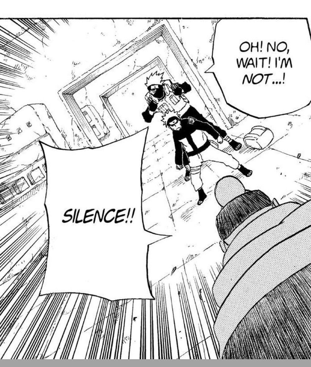 Naruto Vol. 28 (VIZ Media), p.183 — the same panel: "OH! NO, WAIT! I'M NOT...!" / "SILENCE!!"