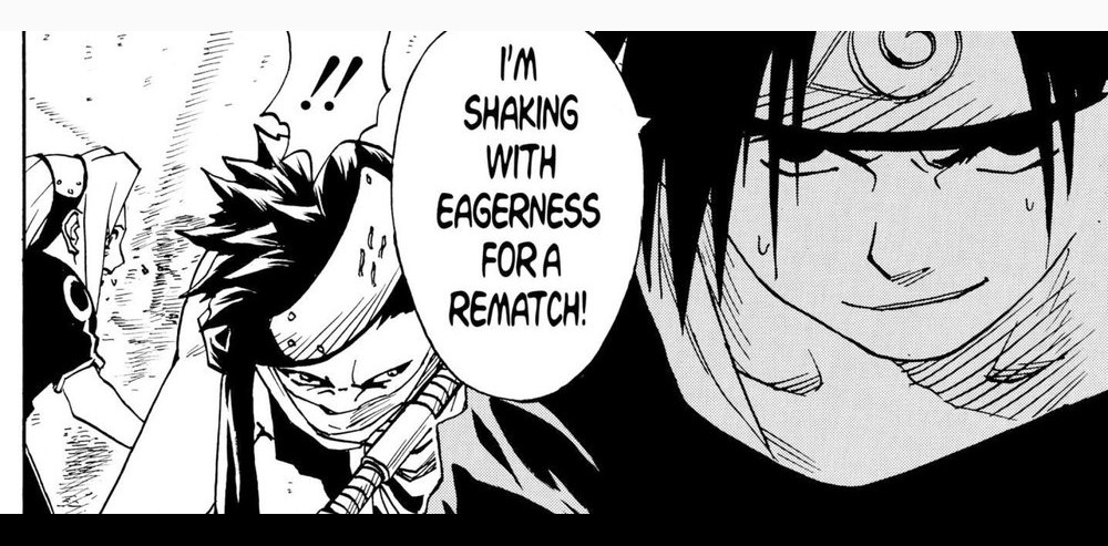 Naruto Vol. 3 (VIZ Media), p.102 — the same panel: Sasuke smirks past a startled Zabuza: "I'M SHAKING WITH EAGERNESS FOR A REMATCH!"