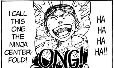 Naruto Vol. 1 (VIZ Media), p.14 — the same panel: "I CALL THIS ONE THE NINJA CENTERFOLD!"