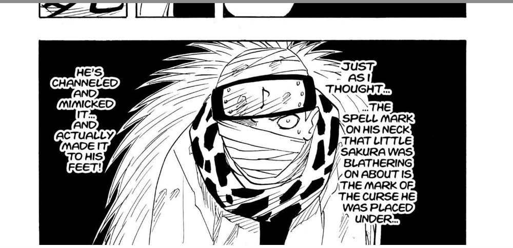 Naruto Vol. 7 (VIZ Media), p.29 — the same panel: "JUST AS I THOUGHT... ...THE SPELL MARK ON HIS NECK THAT LITTLE SAKURA WAS BLATHERING ON ABOUT IS THE MARK OF THE CURSE HE WAS PLACED UNDER..."