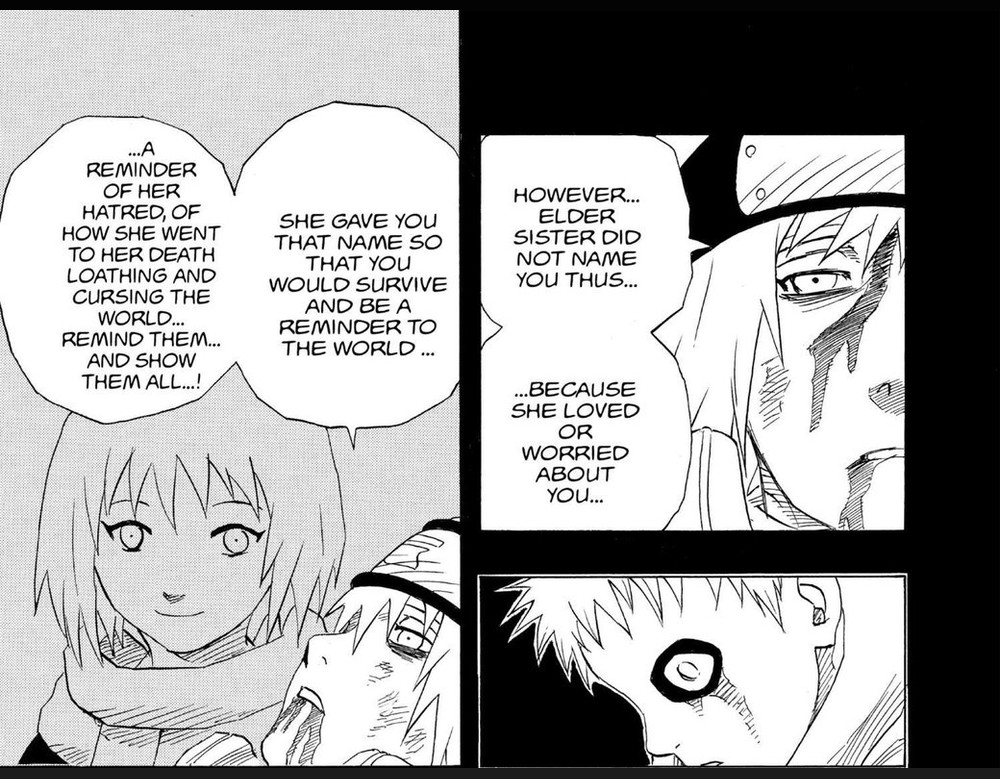 Naruto Vol. 15 (VIZ Media), p.95 — the same panels: "...A REMINDER OF HER HATRED, OF HOW SHE WENT TO HER DEATH LOATHING AND CURSING THE WORLD... REMIND THEM... AND SHOW THEM ALL...!" beside "HOWEVER... ELDER SISTER DID NOT NAME YOU THUS... ...BECAUSE SHE LOVED OR WORRIED ABOUT YOU..."