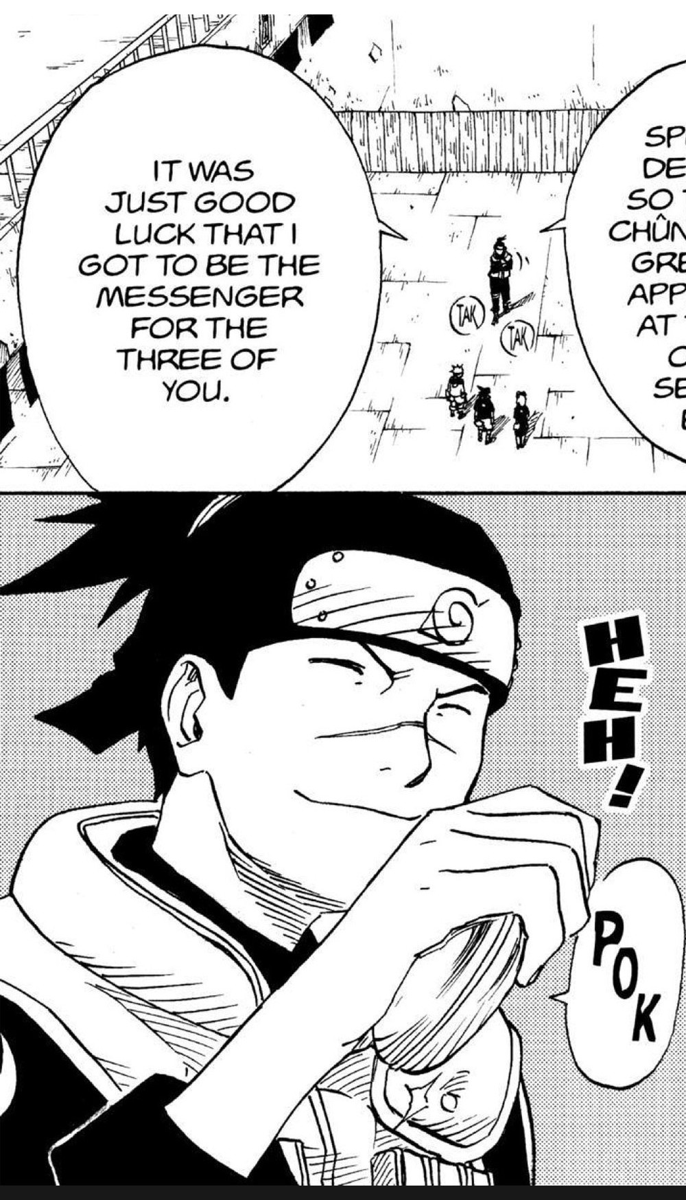 Naruto Vol. 8 (VIZ Media), p.11 — same panel, Iruka: "IT WAS JUST GOOD LUCK THAT I GOT TO BE THE MESSENGER FOR THE THREE OF YOU."