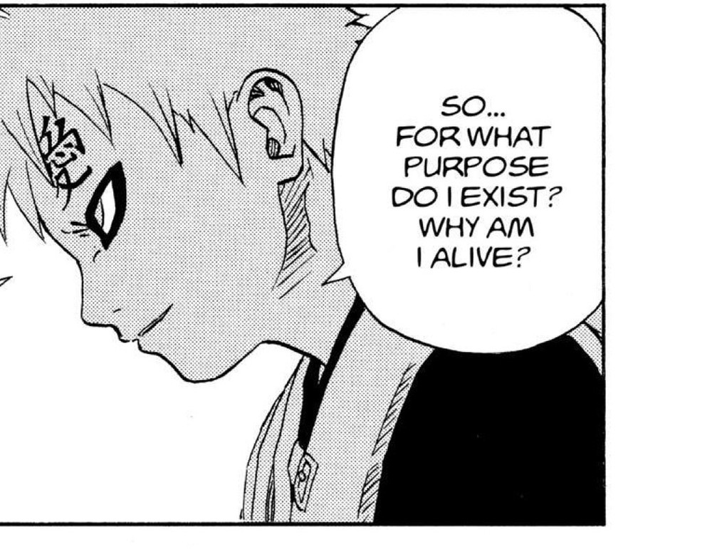 Naruto Vol. 11 (VIZ Media), p.140 — the same panel: "SO... FOR WHAT PURPOSE DO I EXIST? WHY AM I ALIVE?"
