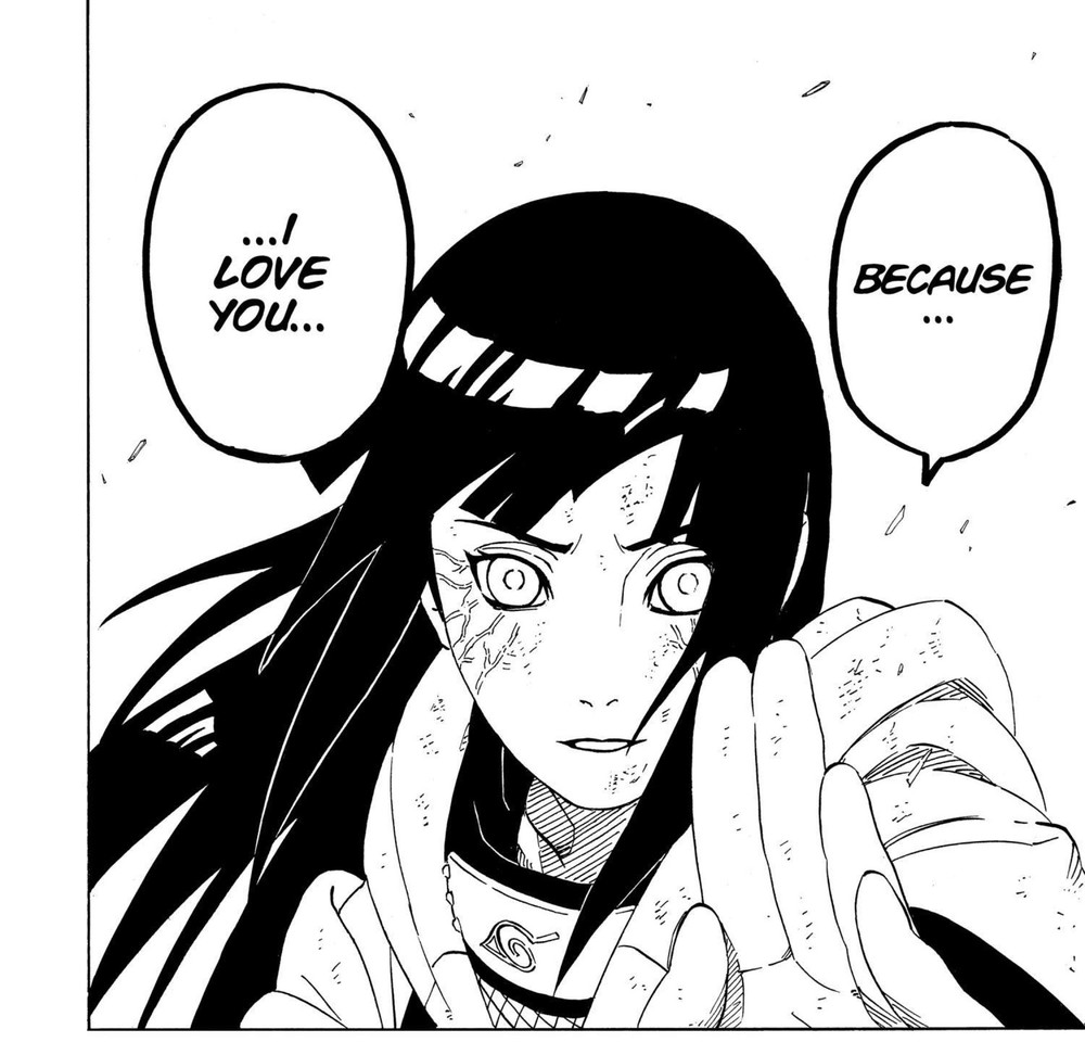 Naruto Vol. 47 (VIZ Media), p.92 — the same panel: "BECAUSE..." / "...I LOVE YOU..."