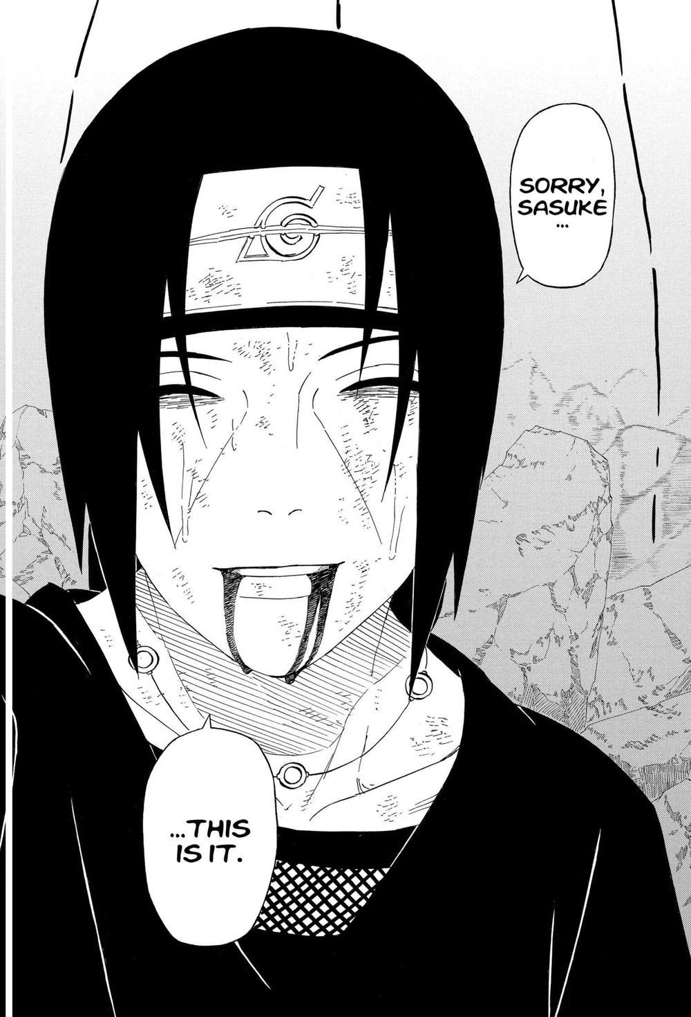 Naruto Vol. 43 (VIZ Media), p.236 — the same panel: "SORRY, SASUKE..." / "...THIS IS IT."