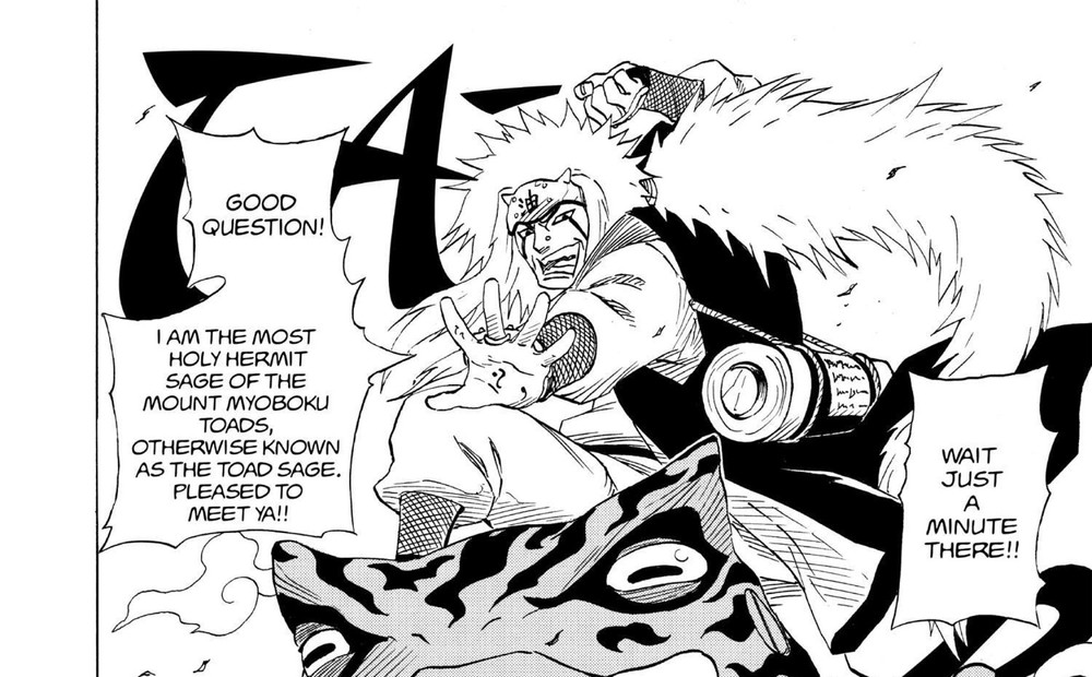 Naruto Vol. 11 (VIZ Media), p.8 — the same panel: "GOOD QUESTION! I AM THE MOST HOLY HERMIT SAGE OF THE MOUNT MYOBOKU TOADS, OTHERWISE KNOWN AS THE TOAD SAGE. PLEASED TO MEET YA!!"