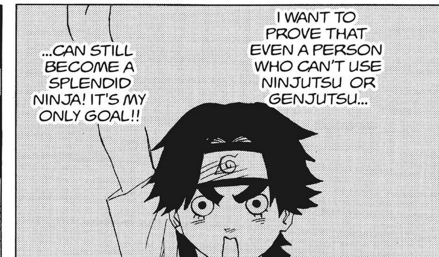 Naruto Vol. 10 (VIZ Media), p.94 — the same panel: "...CAN STILL BECOME A SPLENDID NINJA! IT'S MY ONLY GOAL!!"