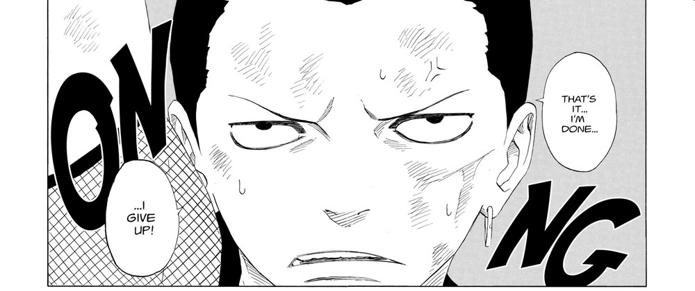 Naruto Vol. 12 (VIZ Media), p.184 — the same panel: "...I GIVE UP!"