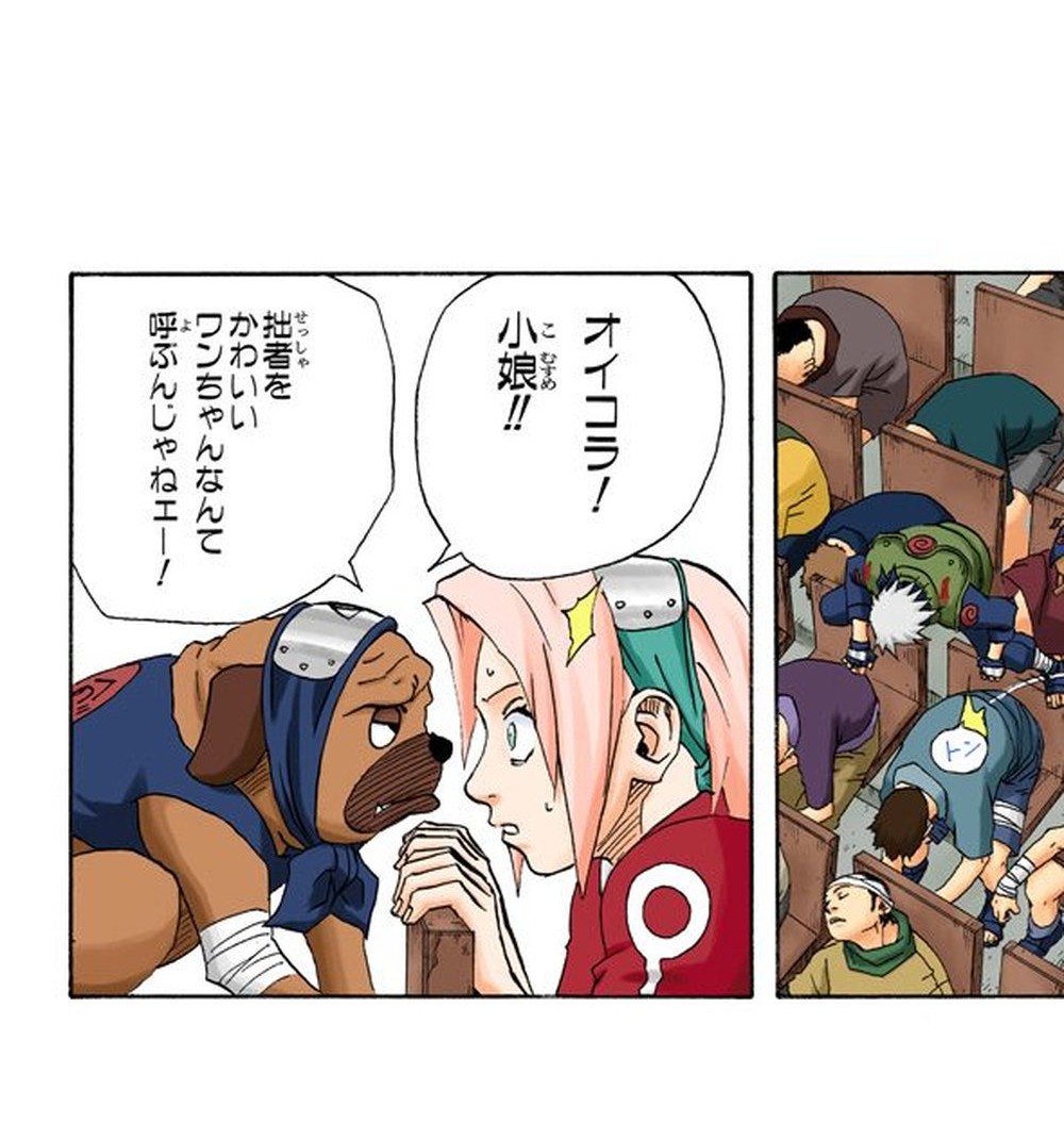 NARUTO Vol. 13, p.169 (Japanese) — the ninja pug Pakkun snarls at Sakura, 「拙者をかわいいワンちゃんなんて呼ぶんじゃねエー！」 (furigana せっしゃ over 拙者), while Sakura protests she never said "cute."