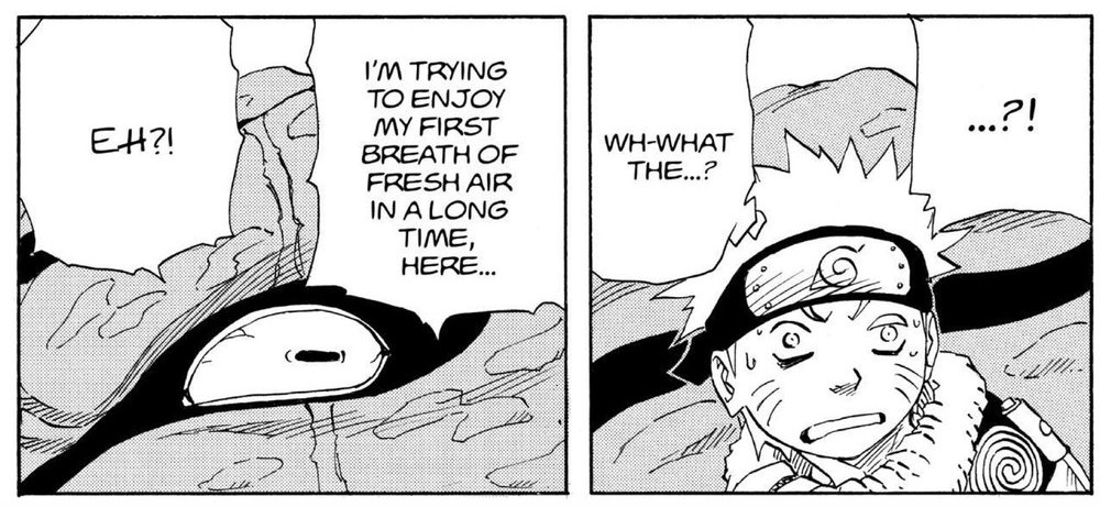 Naruto Vol. 11 (VIZ Media), p.110 — the same two panels: "I'M TRYING TO ENJOY MY FIRST BREATH OF FRESH AIR IN A LONG TIME, HERE..."